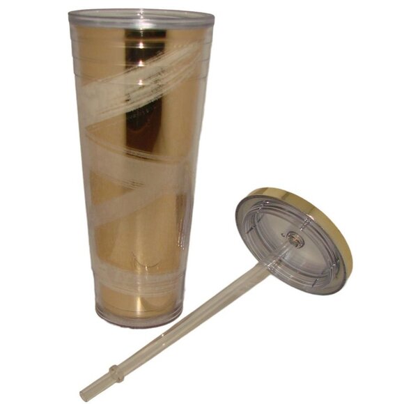 Starbucks Gold Swirl Acrylic Tumbler Gold Screw Lid & Straw 24oz Venti Cold 2012 - Picture 1 of 11